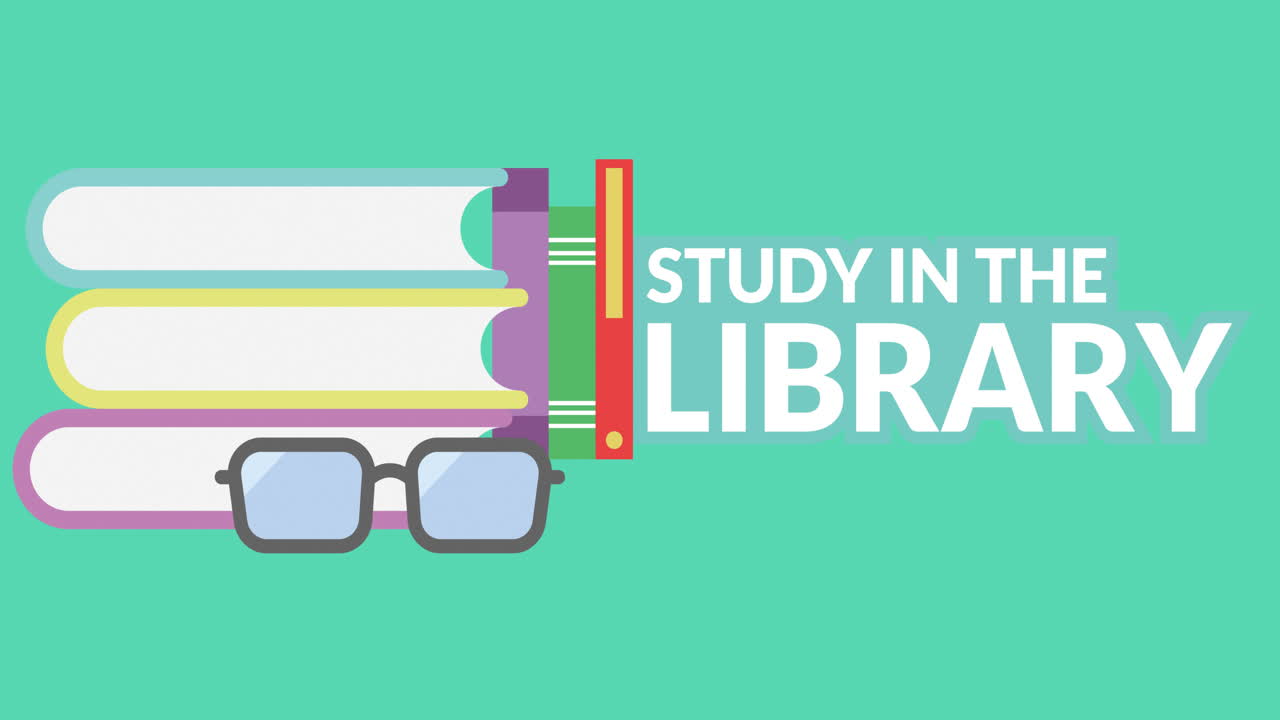 Animazione del testo "studia in biblioteca" e di icone di articoli scolastici su sfondo verde