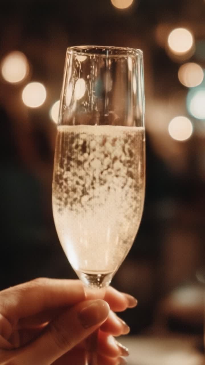 Momento Delizioso Catturato: Un Brindisi Scintillante con un Bicchiere di Champagne Frizzante che Mostra Effervescenza e Celebrazione in un Contesto Elegante