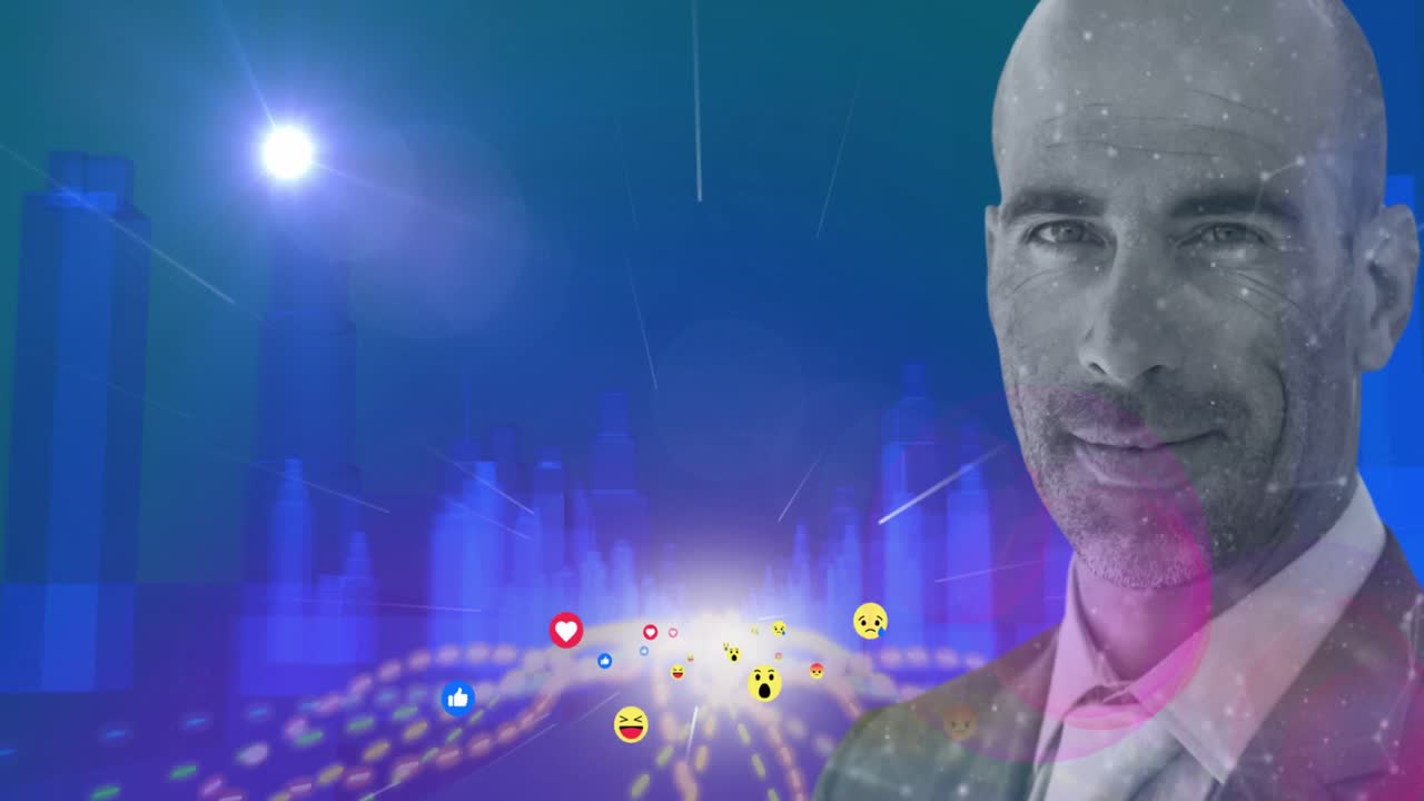 hombre sonriendo sobre varios emojis de cara moviéndose contra el modelo de la ciudad en 3d