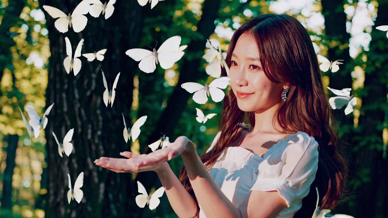 긴 갈색 머리카락과 색 드레스를 입은 아름다운 여성은 많은  나비들과 상호 작용하여 이 많은 숲에서 그녀의 열린 손을 둘러싸고 날아갑니다.