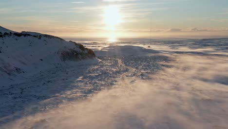 scenic orbit shot with bright sunshine in reykjanes peninsula, aerial