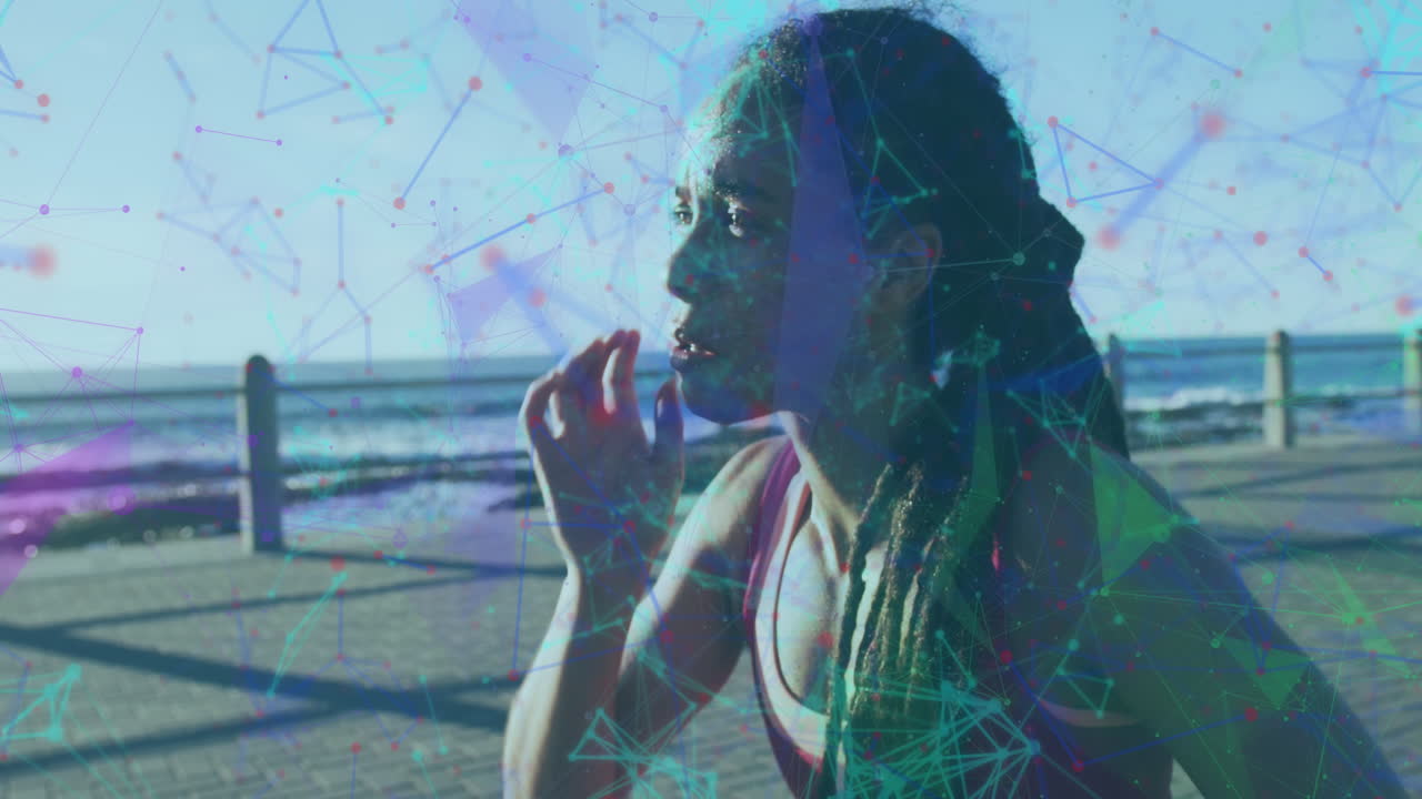 animación de la red de conexiones sobre el hombre ejercitándose en el paseo junto al mar