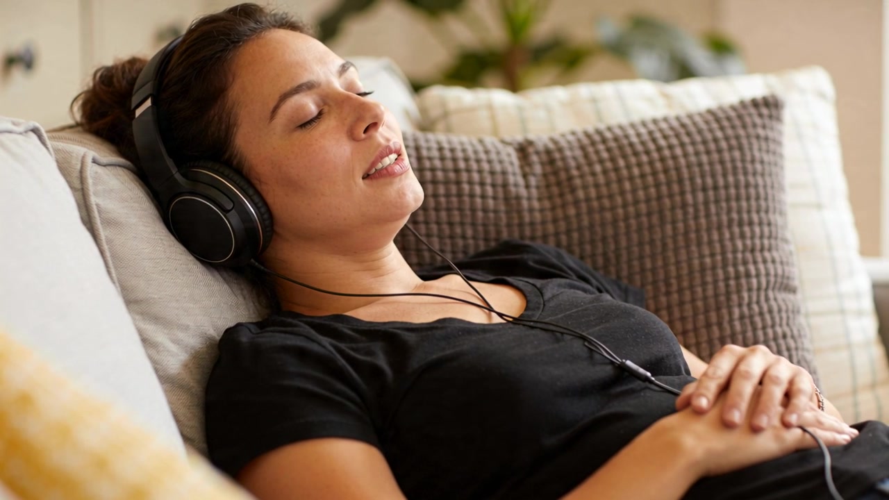 Mujer escuchando recostada en el sofá de la sala, usando auriculares de diadema con cable y una camiseta negra.