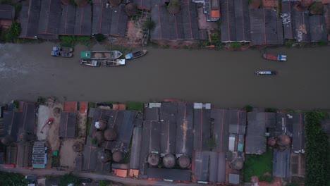 Aerial-view-of-brick-kilns-and-canal-in-Vinh-Long-in-the-Mekong-Delta,-Vietnam