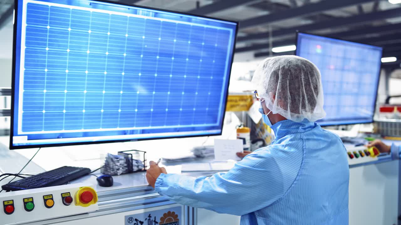 Man working with computer at a modern factory. Worker in special uniform with mask looking at screen of a monitor on industrial plant.
