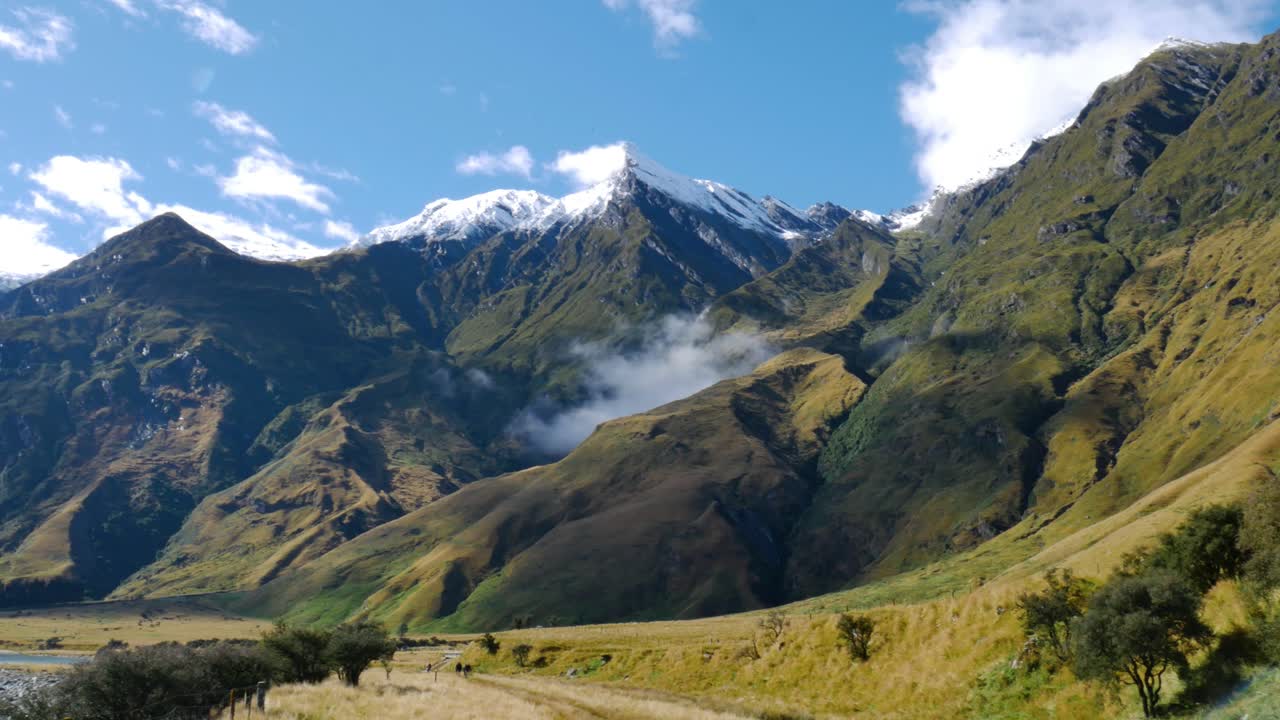 espectacular panorama montañoso con plantas en crecimiento y río natural durante la luz del sol y el cielo azul en la cima de la montaña nevada de nueva zelanda en el fondo