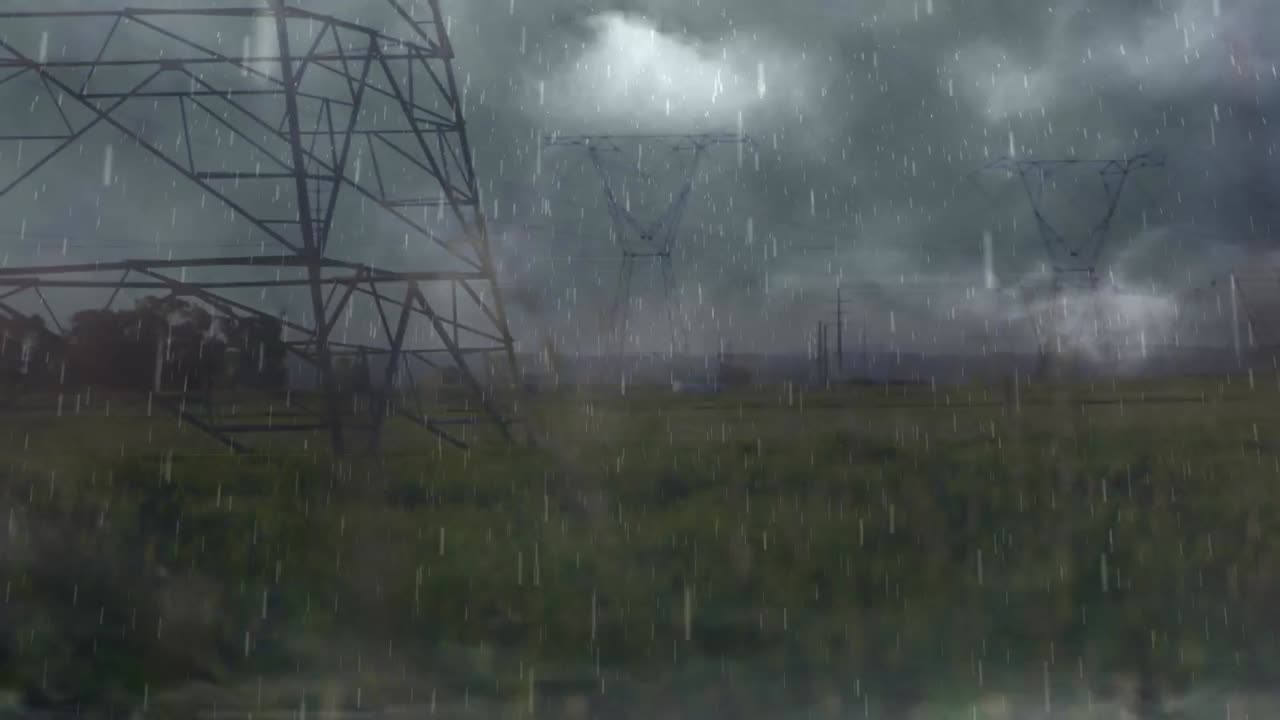 해가 지는 동안 전기 기둥 위에서 비와 폭풍의 애니메이션