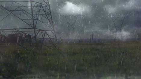 animación de la lluvia y la tormenta sobre los postes de electricidad al atardecer