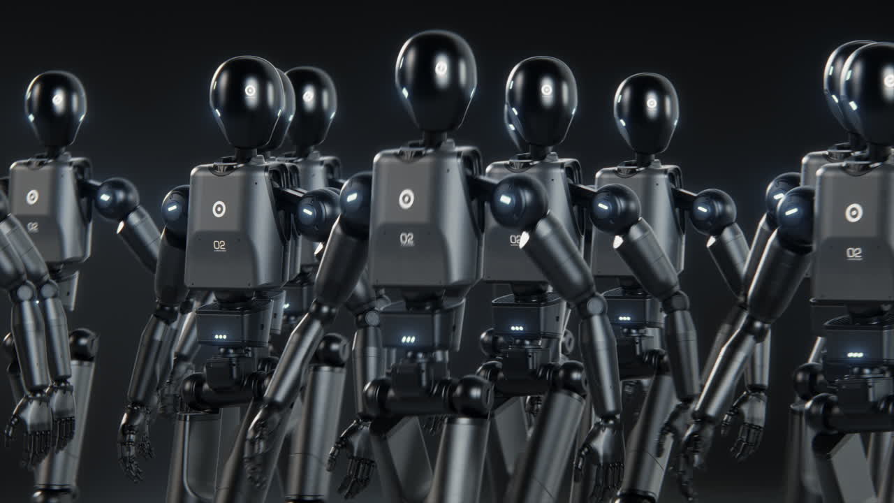 visualization of Army of Advanced Humanoid Robots Marching together across Dark Futuristic Space Visualization of Army of Advanced Humanoid Robots Marching together Synchronously across Dark Futuristic Space Artificial Intelligence Robotics and Cybernetics Concept Visual Effects Animation