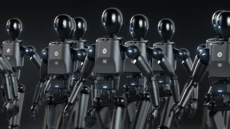 visualization of army of advanced humanoid robots marching together across dark futuristic space visualization of army of advanced humanoid robots marching together synchronously across dark futuristic space artificial intelligence robotics and cybernetics concept visual effects animation