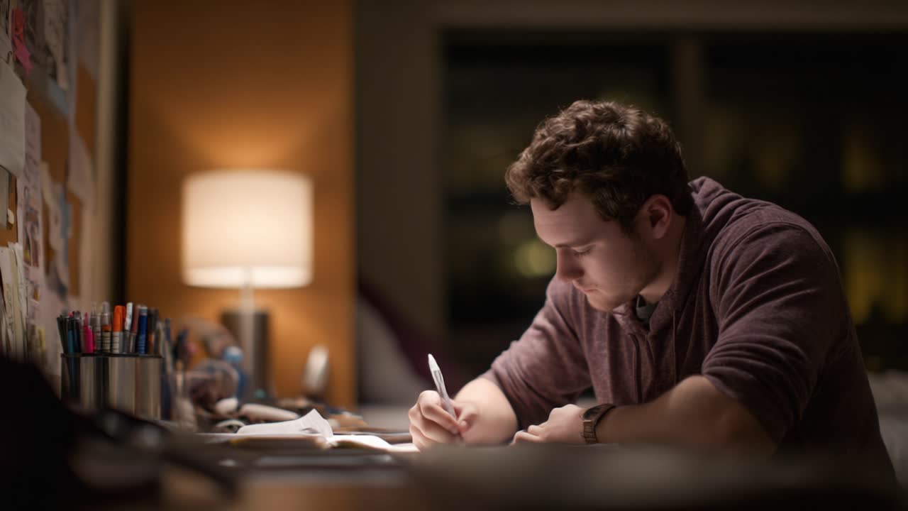 A Young Man Engrossed in Writing at His Desk, Illuminated by a Warm Lamp in a Cozy Room, Captured in Two Video Frames Showing Focus and Creativity