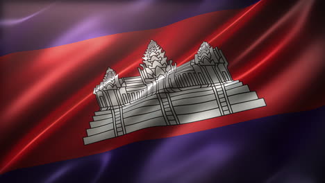 national flag of kingdom of cambodia, high-angle, perspective view, cinematic look and feel, glossy, slow-motion wavering, elegant silky texture waving