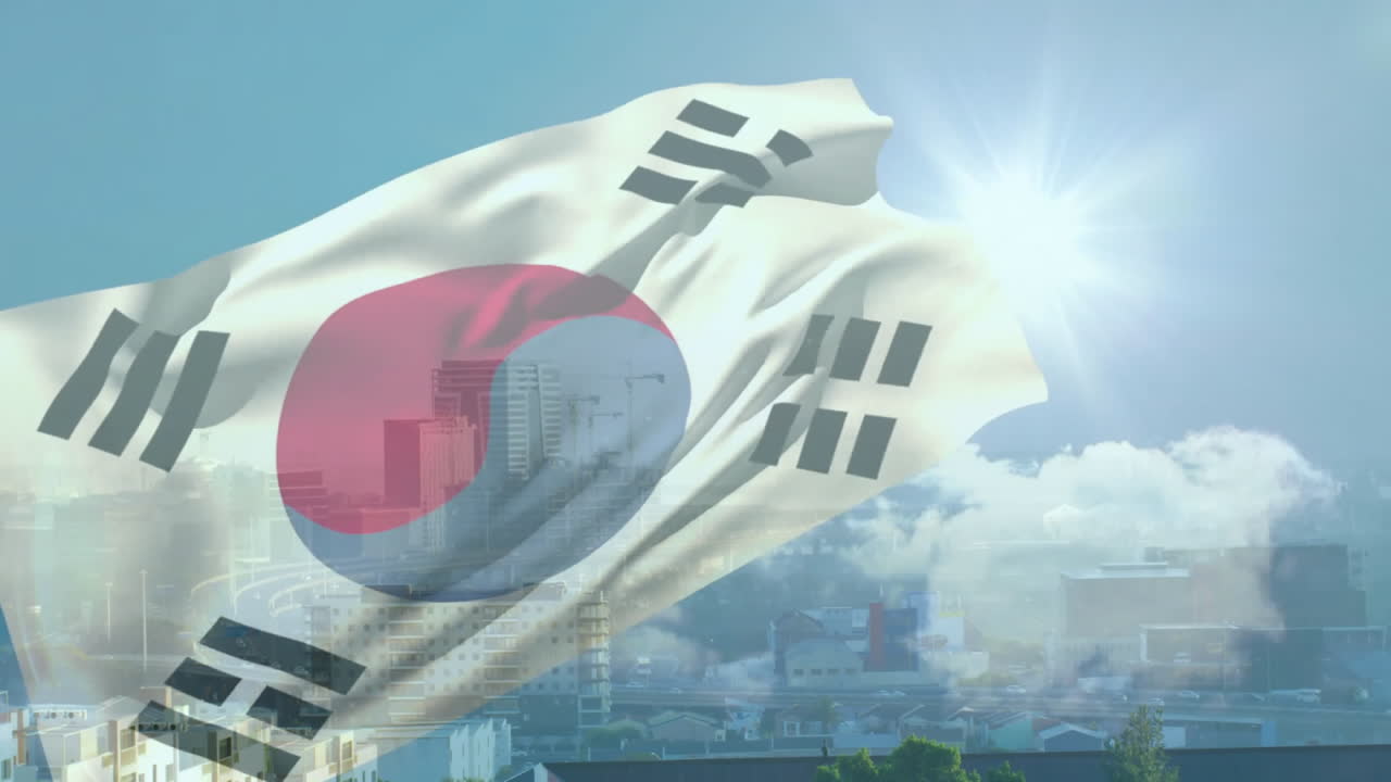 Waving South Korean flag over cityscape with bright sun in background animation