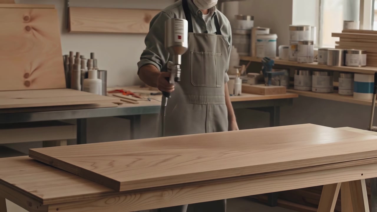Artigiano che vernicia un pannello di legno in un laboratorio soleggiato, applicando una finitura a spruzzo su un mobile