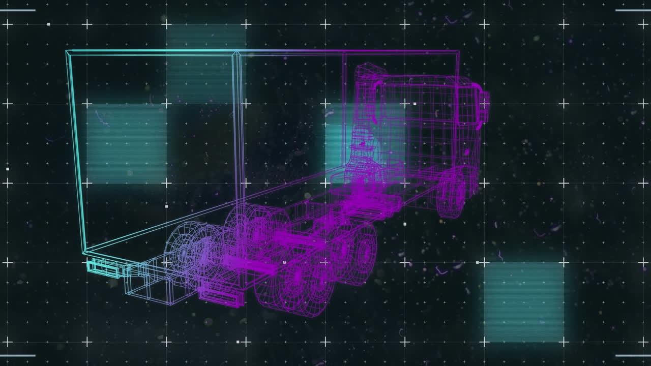 Animation of 3d car drawing spinning with flickering lines and grid