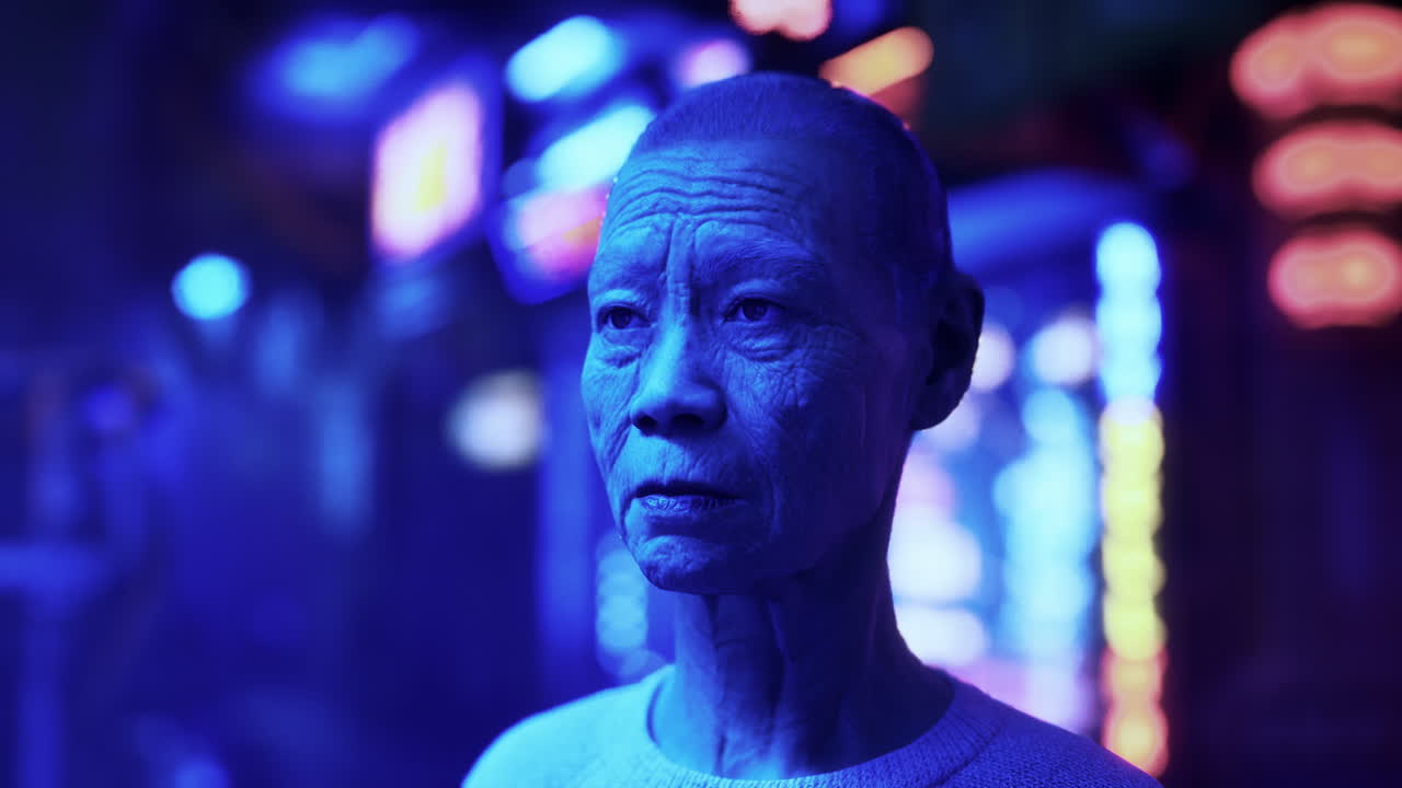 un retrato de un anciano asiático de pie en una ciudad por la noche, mirando hacia otro lado.