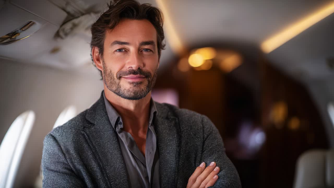 Elegant Male Passenger with a Charming Smile in a Private Jet Interior, Relaxing and Confident Amidst a Luxurious Setting, Showcasing the Essence of Sophistication and Success in Air Travel