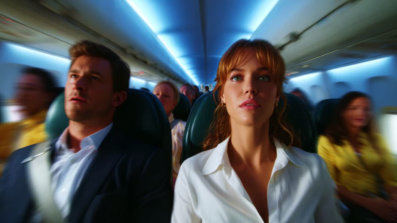 In-Flight Encounter: A Tense Meeting Between Two Passengers in an Airplane Cabin Captured in Two Moments, Highlighting Their Connection Amidst a Crowded Atmosphere of Fellow Travelers and Vibrant Lighting