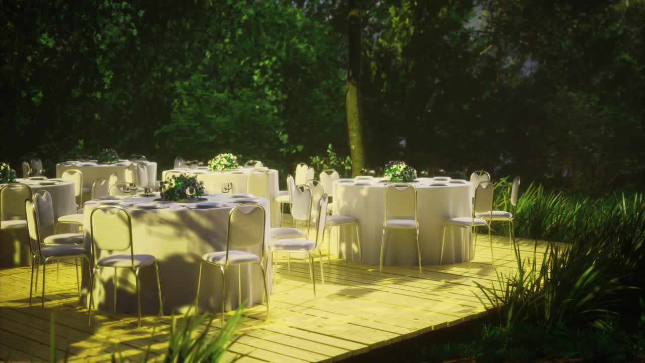 Elegant outdoor dining setup for a special event surrounded by nature