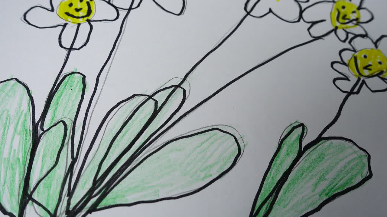 Barnetegning av kamilleblomster med solen i bakgrunnen
