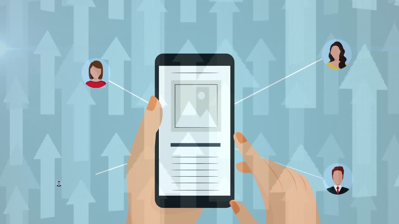 animación de la red con iconos digitales y persona que usa un teléfono inteligente con flechas