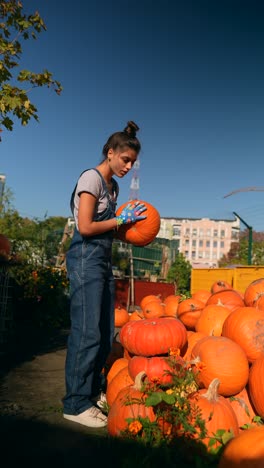 woman picking pumpkins at a farm