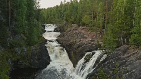 aerial footage of a karelian waterfall kivach, full water flow over the top, beautiful nature, foam on water