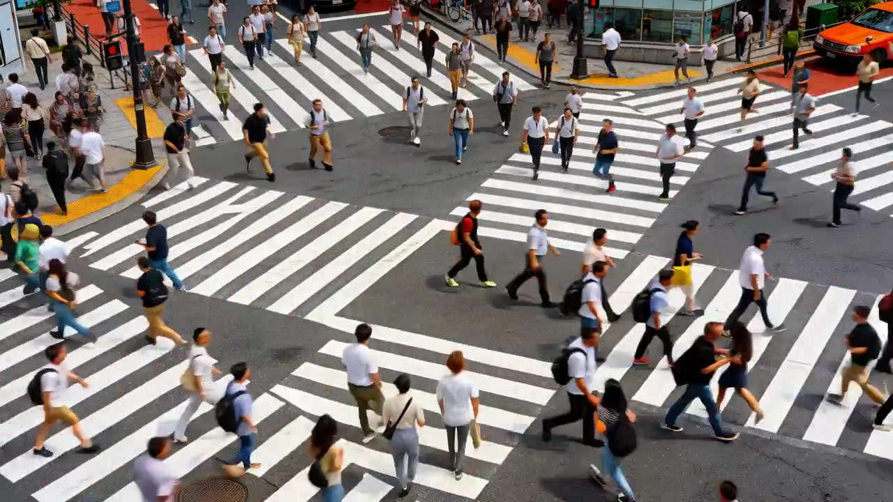 Des navetteurs traversant un passage piéton zébré au feu vert, portant des chemises de bureau et se dirigeant vers le travail.