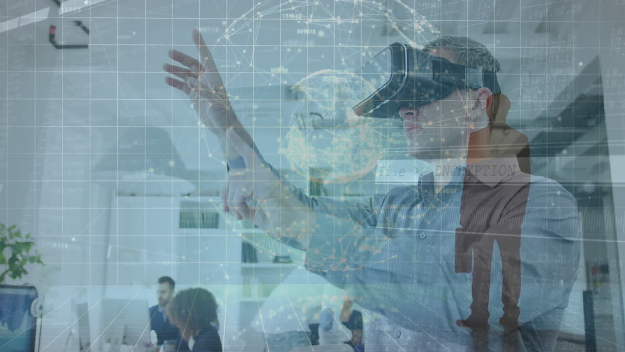 Using animation, man in office with virtual reality headset and digital network