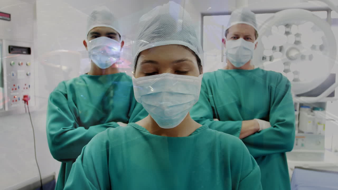 animación de diversos médicos con máscaras en la sala de operaciones sobre equipos de soldadura de soldador en el taller