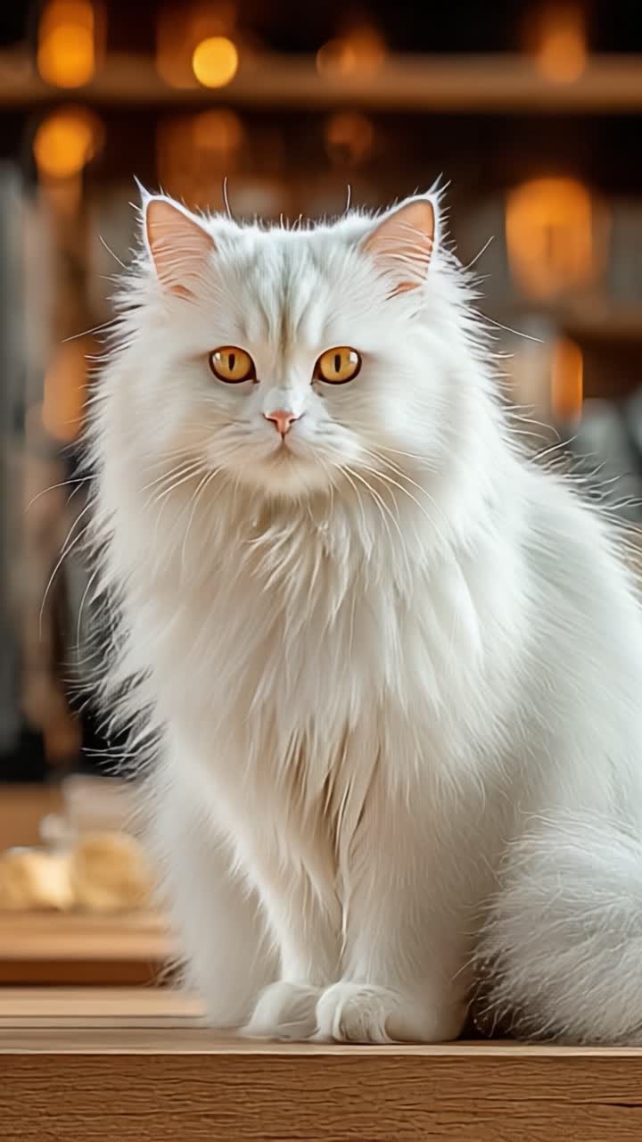 Kucing Putih Megah dengan Mata Emas yang Mencolok Berpose Anggun di Latar Belakang Hangat yang Berpencahayaan Lembut, Memancarkan Pesona dan Keanggunan yang Akrab