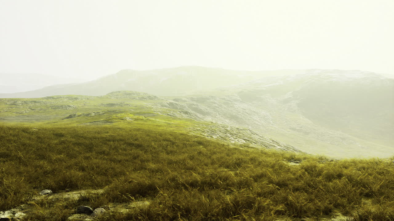 Misty hills and vibrant grass create an enchanting landscape at dawn