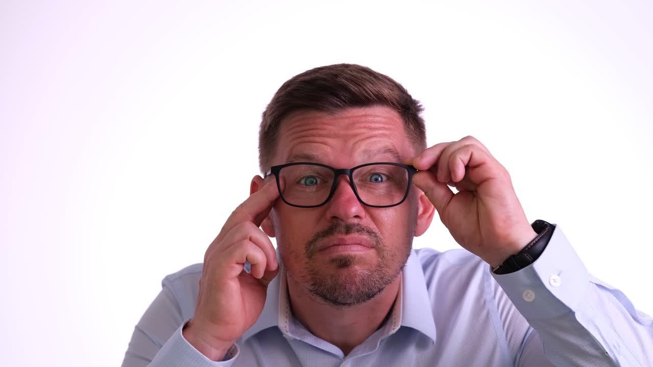 Young man with eyes disease takes off glasses and squints