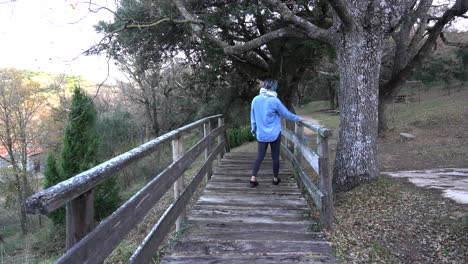 Traveler-enjoying-a-path-of-bridges-that-goes-into-the-forest