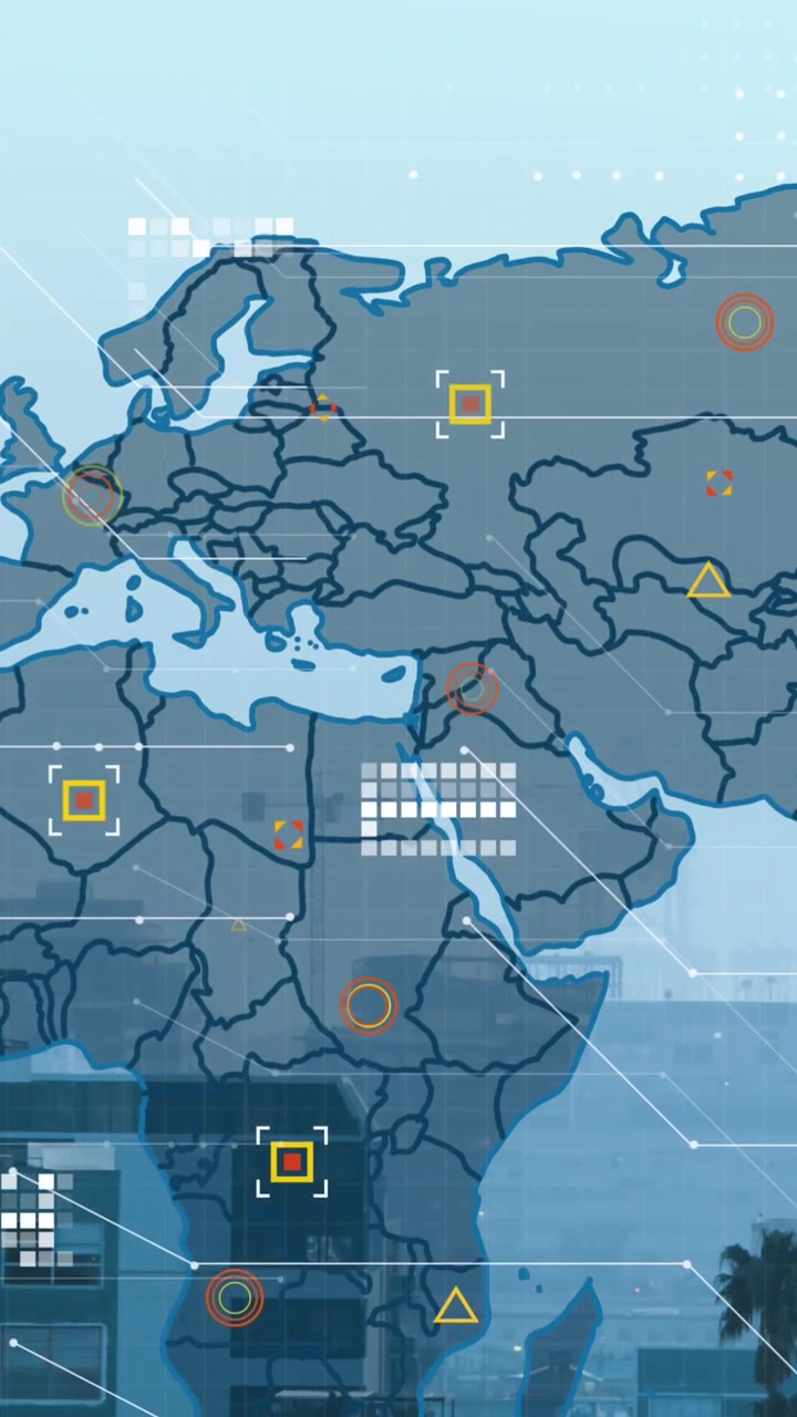Animation of world map and financial data processing over cityscape