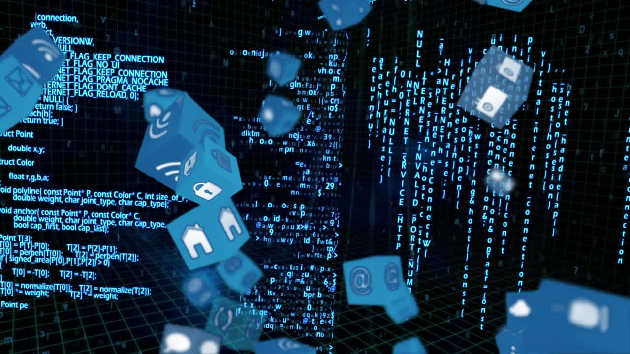 Internet icons in a cube with program codes