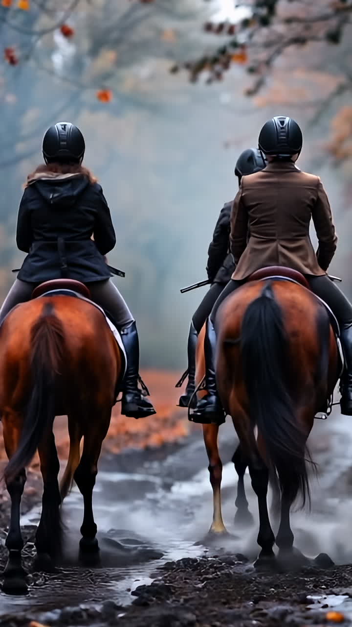 Autumn Trail Ride With Friends in a Picturesque Forest at Dusk. Four horseback riders enjoy a serene autumn trail ride through a forest filled with fallen leaves.