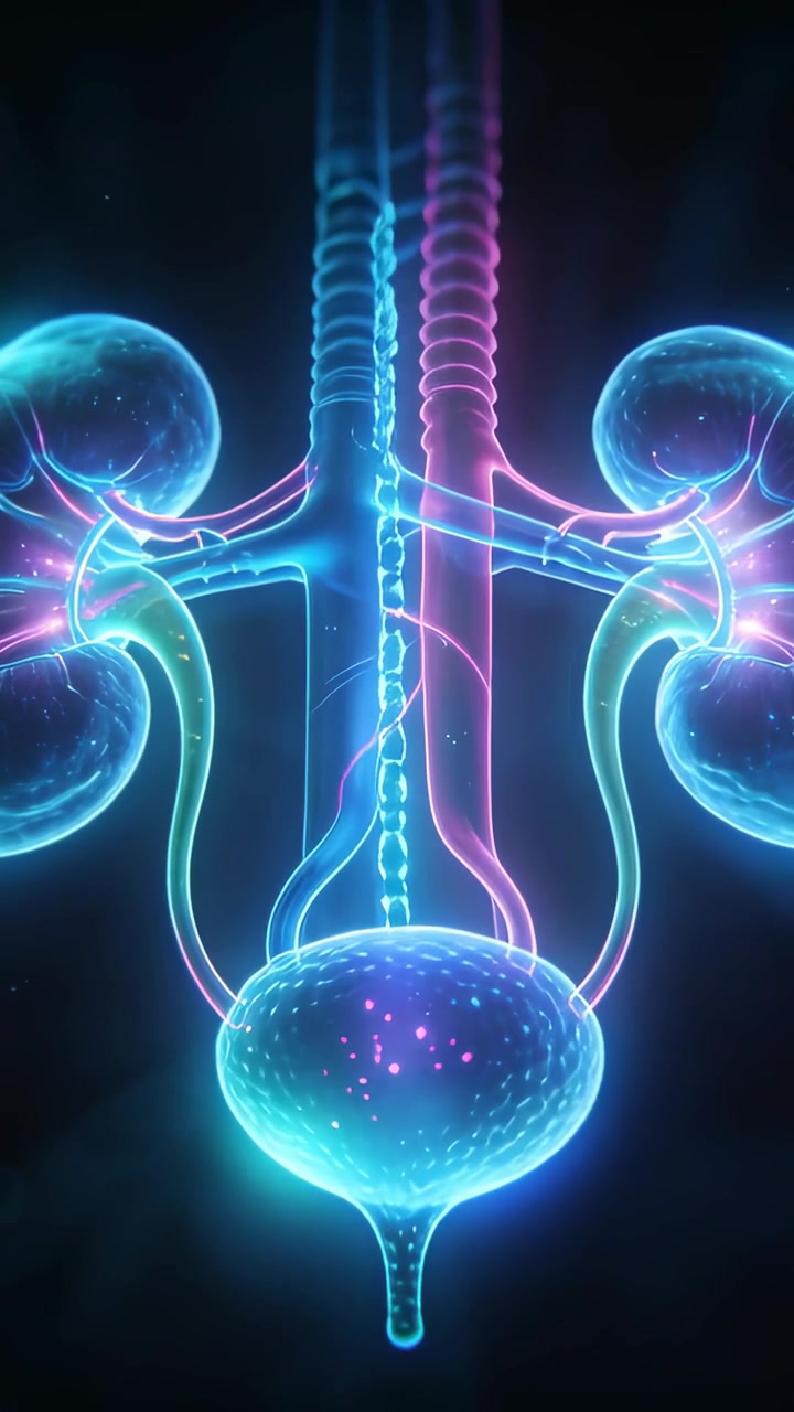 Vertical video: Animating tract pulsing flow down ureters into bladder after pan in void for demo