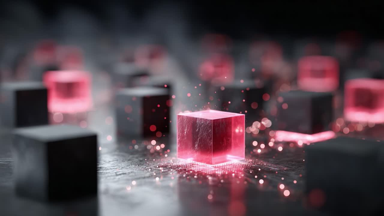 A mesmerizing display of luminous cubes against a backdrop of dark geometric forms, showcasing a stunning contrast between light and shadow in a digital setting