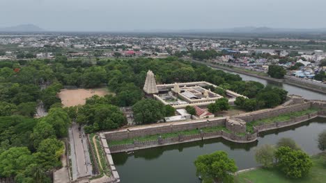 aerial view of a temple fort in a south indian city