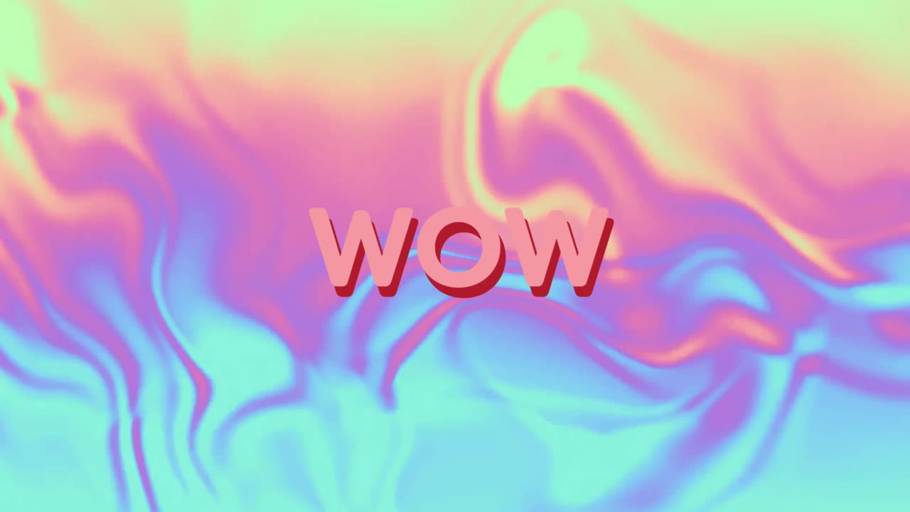 다채롭고 추상적인 액체 애니메이션 배경 위에 와우 텍스트