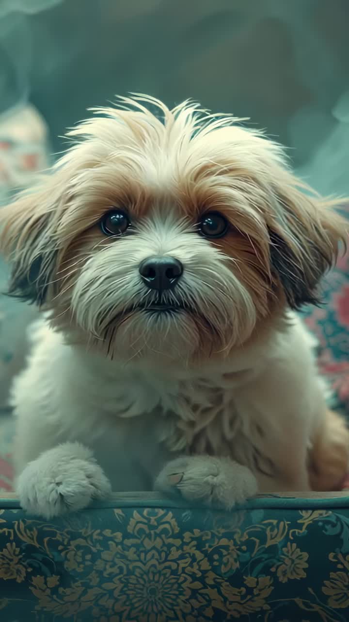 Vertical video: Sniffing small dog tracking movement near lens to check on sofa, floral cushion