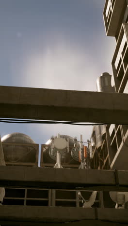 a view of an industrial building with metal pipes and wires against a blue sky.