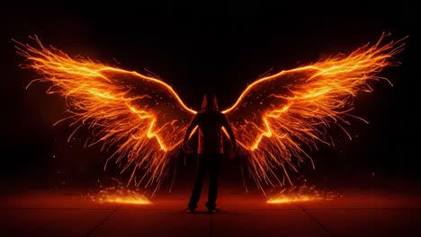 a captivating display of fiery wings emerging from a figure, symbolizing power and transformation through vibrant orange sparks illuminating the dark backdrop