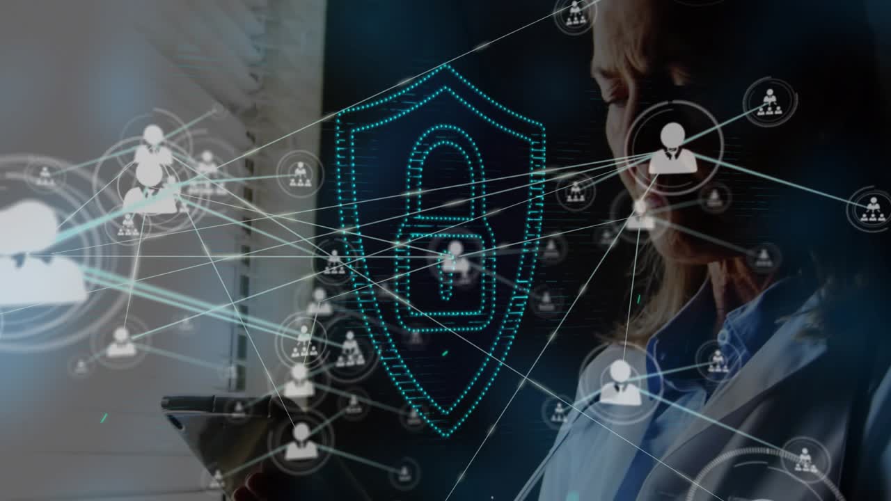 Senior woman observing technology projection in office, with transparent shield lock and user icons