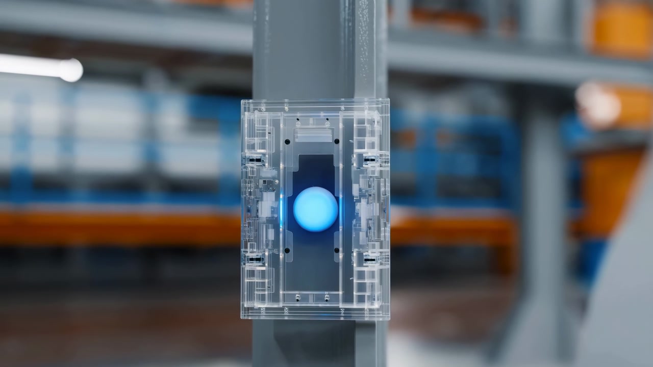 Transparent control device with a glowing blue indicator is mounted on a metal pole inside a blurred workshop or factory interior, lit by soft ambient light
