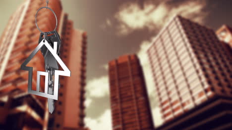 house key animation over blurred city buildings background