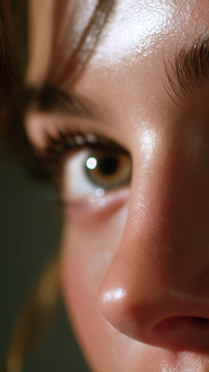 Close-Up Study of a Person's Eye and Facial Features Capturing Glimmering Detail and Texture in Natural Light with Emphasis on Eyelashes and Skin Reflection