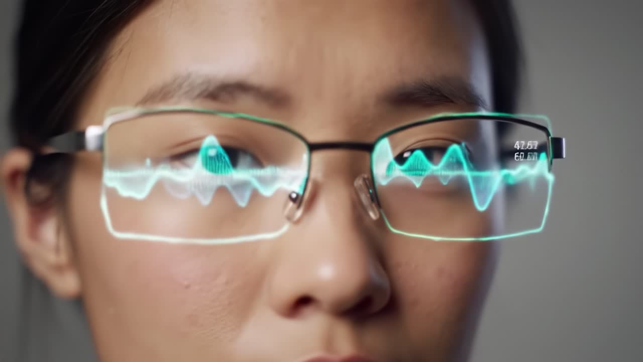 An Innovative Glimpse into the Future: A Close-Up of High-Tech Eyewear Displaying Real-Time Data Visualizations with Dynamic Soundwave Patterns