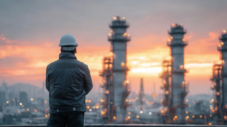A worker stands on a rooftop at sunset, gazing at industrial structures, symbolizing dedication and the harmonious blend of nature and human industry in the skyline